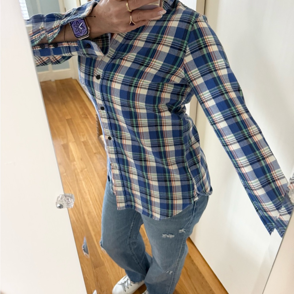 Madewell Classic Plaid Flannel Shirt | Blue Green White | Size M - Picture 5 of 11